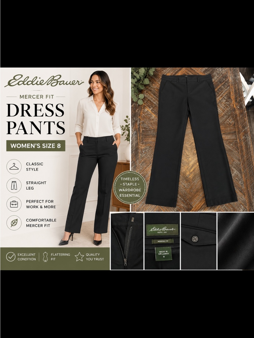 Eddie Bauer Black Mercer Fit Straight Leg Dress Pants